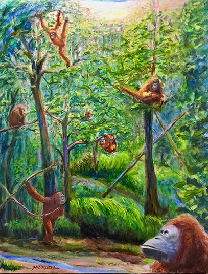 Monkeys in the Rainforest, Oil on Canvas Painting