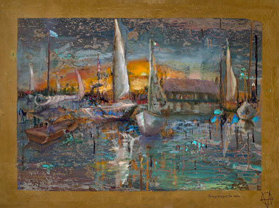 Sails at Sunset, Oil on Canvas Painting