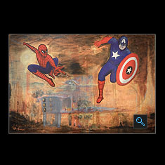 SPIDERMAN & CAP. AMERICA, Acrylic on Canvas Painting